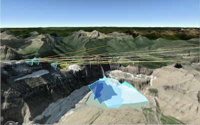 Screenshot showing four vector layers overlaid to visualize glacier retreat in CesiumJS 3d globe